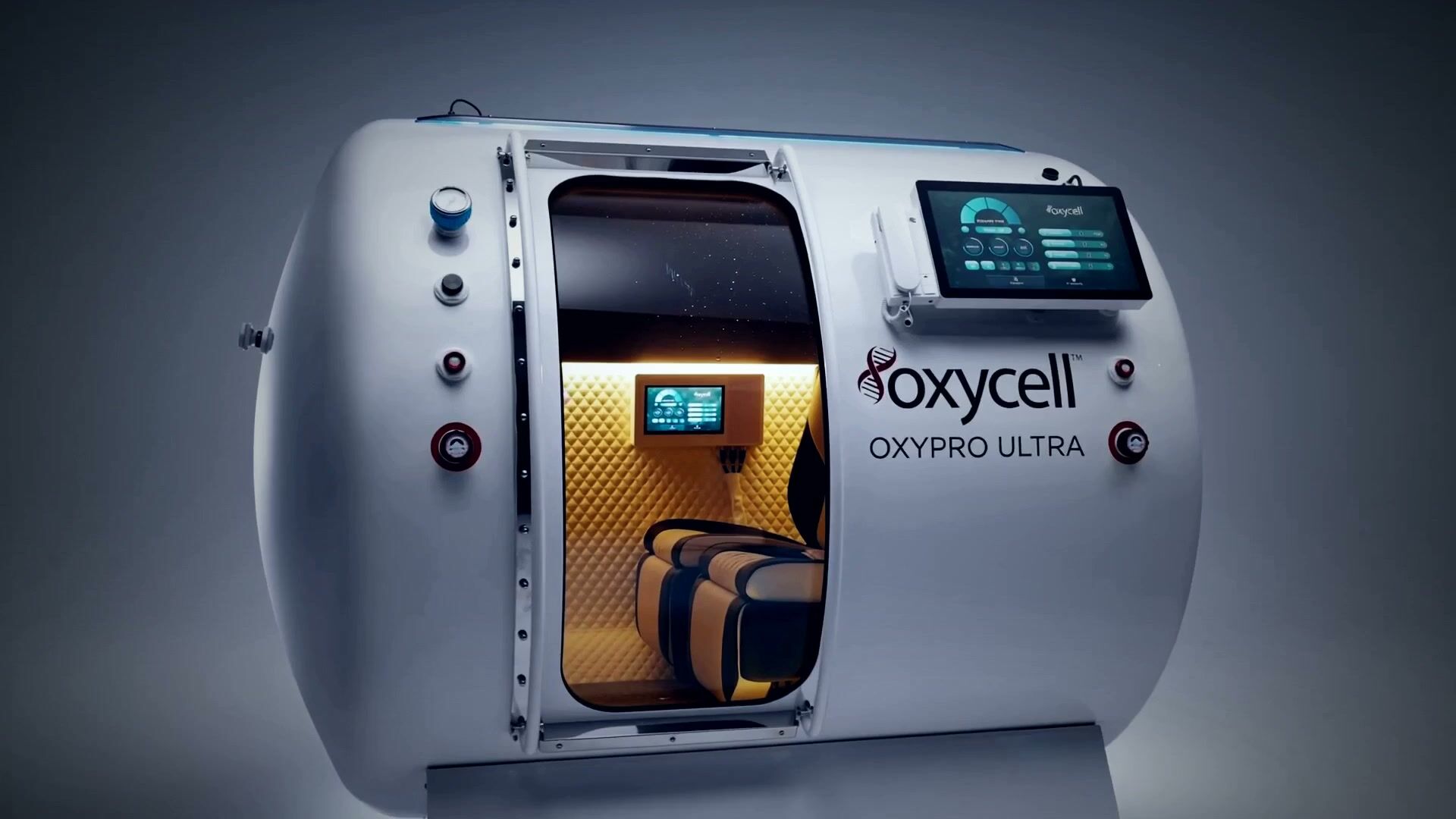 Oxycell OxyPro Ultra hyperbaric chamber with the door open and interior lit